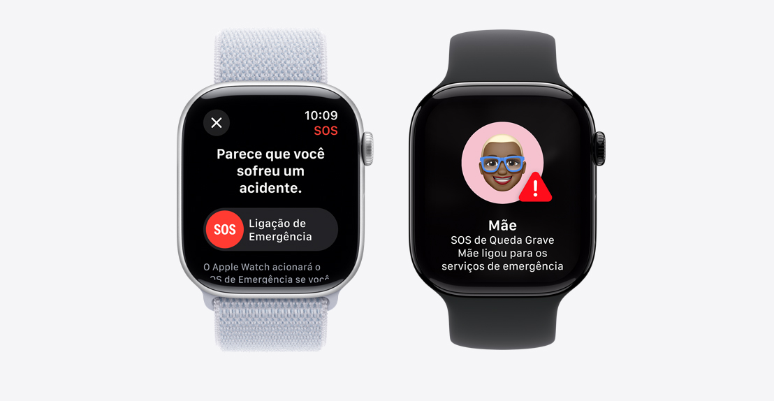 Dois relógios Apple Watch Series 9. O primeiro mostra a tela de detecção de queda ligando para os serviços de emergência. O segundo mostra que o aparelho do contato "Mãe" detectou uma queda e chamou os serviços de emergência.