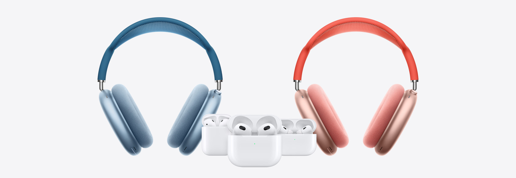 Two AirPods Max around AirPods 2nd Generation, AirPods 3rd Generation, and AirPods Pro 2nd Generation.