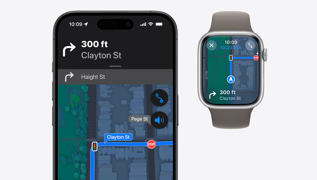 iPhone 15 Pro a Apple Watch Series 9 zobrazujúce podrobnú navigáciu.