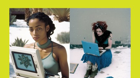 Two AI-generated women sit in the snow with laptops in their laps.