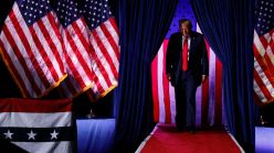 GRAND RAPIDS, MICHIGAN - NOVEMBER 05: Republican presidential nominee, former U.S. President Donald Trump, takes the stage for his last rally of the election year at Van Andel Arena on November 05, 2024 in Grand Rapids, Michigan. Trump campaigned for re-election in the battleground states of North Carolina and Pennsylvania before arriving for his last rally minutes after midnight in Michigan. (Photo by Chip Somodevilla/Getty Images)