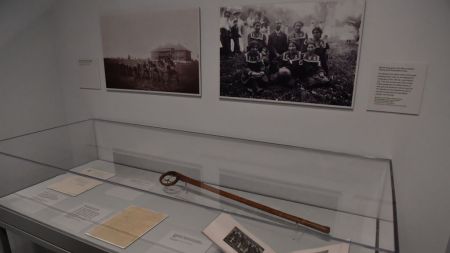 WASHINGTON, DC - SEPTEMBER 12: A Ho-Chunk (Winnebago) lacrosse stick, ca. 1880-1900 is seen at the opening night reception of All American: The Power of Sports exhibit at the National Archives Museum on September 12, 2022 in Washington, DC. (Photo by Larry French/Getty Images for National Archives Foundation)