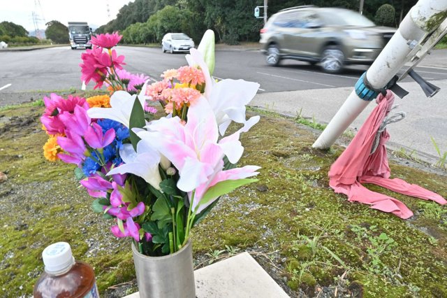 事故現場の県道交差点=2024年11月28日午前10時58分、大分市、貞松慎二郎撮影