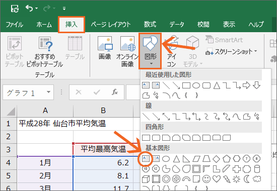 ［テキストボックス］ボタン