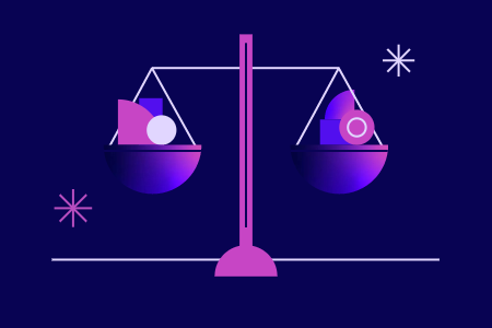 an analog scale is balanced with different shapes on each side.