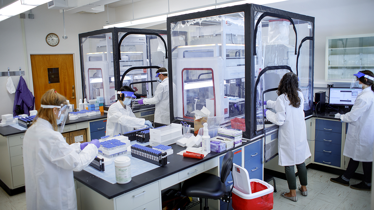 Five people wearing lab coats and face masks work in a laboratory.