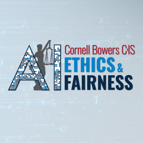 A color graphic with the letters 'AI' and a silhouette of lady justice with the text Cornell Bowers CIS Ethics &amp; Fairness