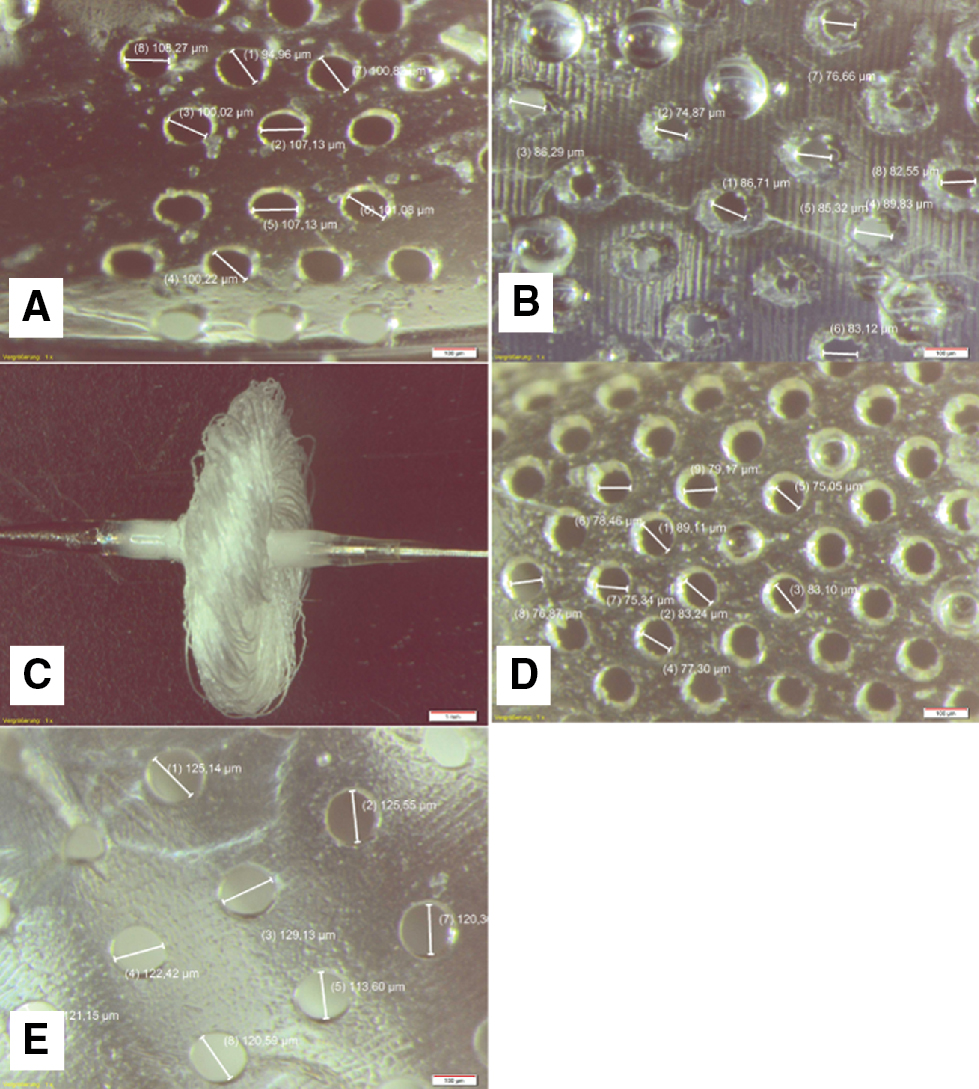 Figure 4 Microscopic images of the embolic protection device: (A) Angioguard RX, (B) RXAccunet, (C) FiberNet, (D) FilterWireEZ, (E) EmboshieldNAV [10].