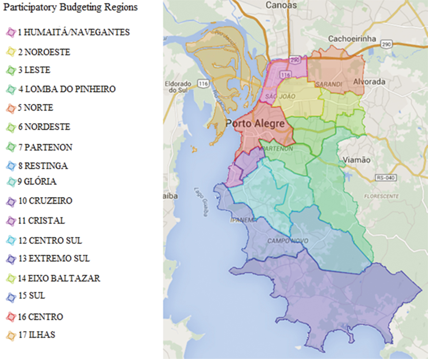 Figure 4: Participatory Budgeting Regions of Porto Alegre.Source: (Google Maps 2016).