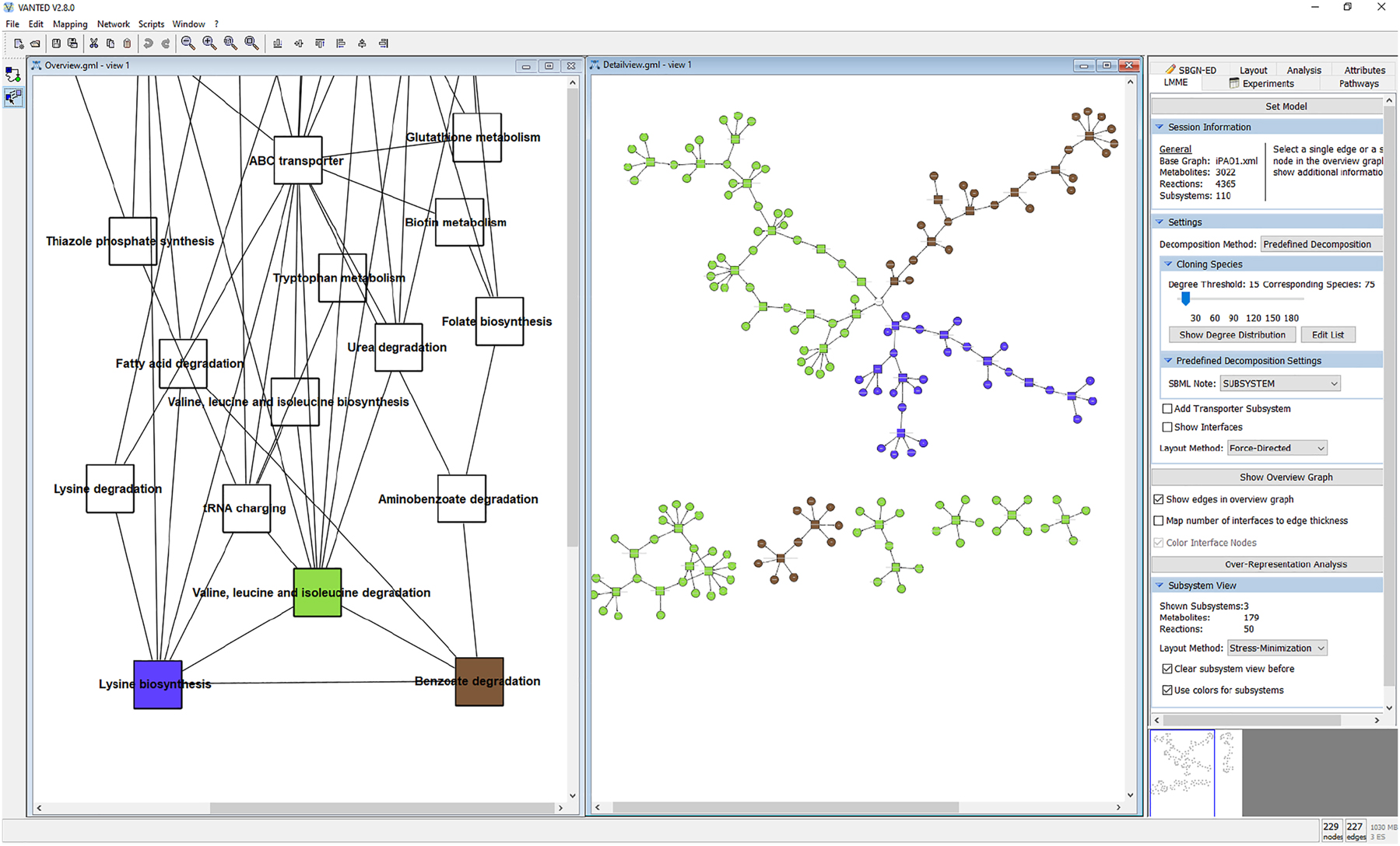 Figure 3: 
A 2D desktop exploration of iPAO1, a GSMM for Pseudomonas aeruginosa [79], using LMME. Three pathways have been selected in the overview (left) to be shown in detail (right): Lysine biosynthesis (blue), Valine, leucine and isoleucine degradation (green), and Benzoate degradation (brown).
