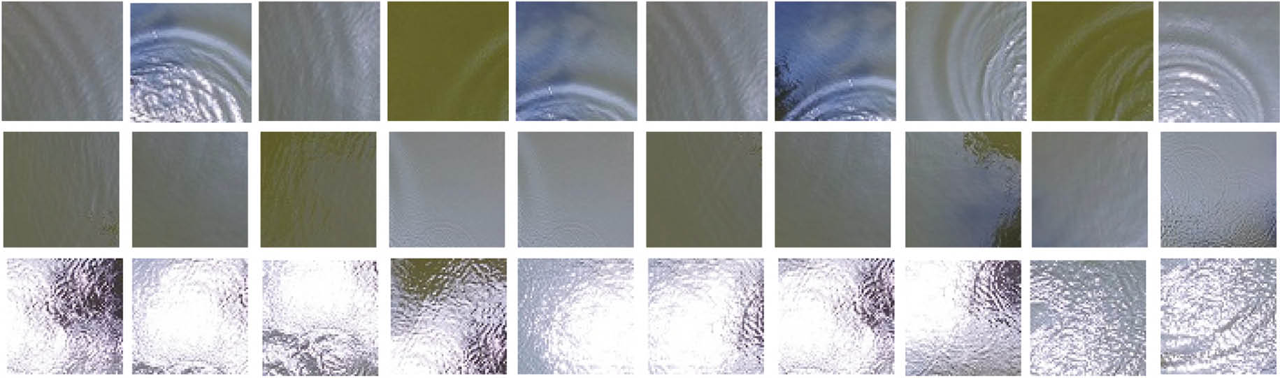 Figure 5: Image patches of three types of simulative wave samples. First row represents positive samples, second row represents the negative samples and third row represents the noises.