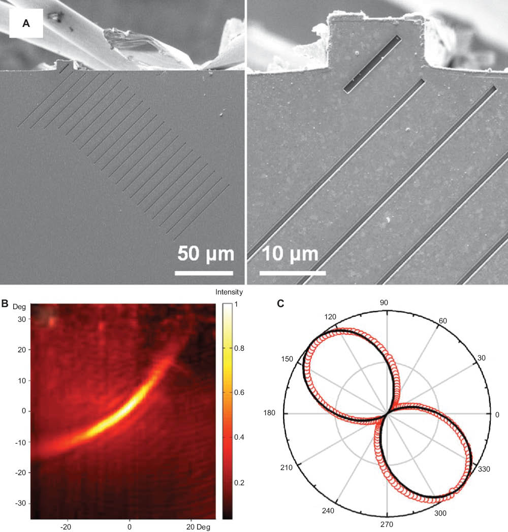 Figure 15 (A) Scanning electron micrographs of the facet of a QCL patterned with a plasmonic polarizer designed to give polarized emission 45° with respect to the vertical. (B) Far-field emission from the device shown in (A). (C) Measured (red circles) and calculated (black line) emission intensity as a function of polarization. Copyright (2009), AIP, from ref. [112], with permission of the author.