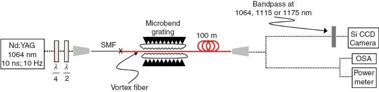 Figure 12 Experimental setup for the generation and characterization of the Raman-scattered vortex mode. Light at a wavelength of 1064 nm excites the polarization-vortex mode by means of a mechanical micro-bend grating and is sent through 100 m of the vortex fiber. A silicon CCD, an optical spectrum analyzer (OSA), and a power meter are used to characterize the radially polarized beams at 1064 nm, 1115 nm and 1175 nm, respectively.