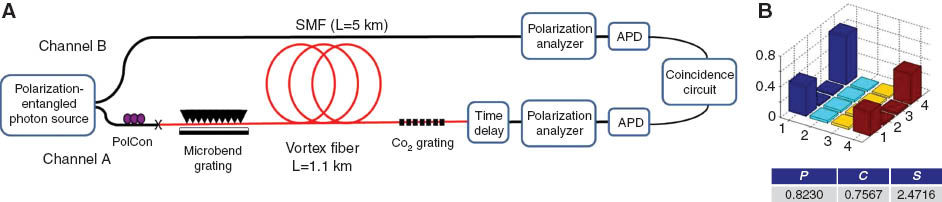 Figure 15 (A) Schematic of the experimental setup to measure preservation of entanglement with fiber OAM states. Polarization-entangled photons (1550 nm and 1558 nm) are sent in two different channels A (5 km SMF) and B (1.1 km vortex fiber). In channel B, two gratings are used to convert between fundamental and OAM mode with >80% efficiency; Time delay was tuned to target coincidence of channel A photons (travelling in an OAM mode) and channel B photons (travelling in SMF). (B) Density matrix of the entangled state measured at the output, indicating violation of Bell’s inequality.