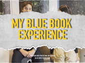 Title My Blue Book Experience in yellow on the torn paper with two trainees in the background.