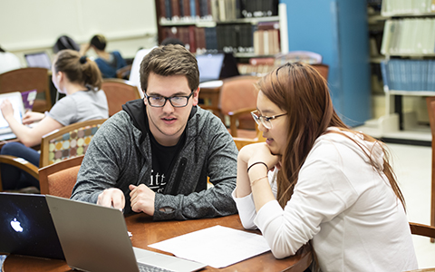 Two students working on a laptop