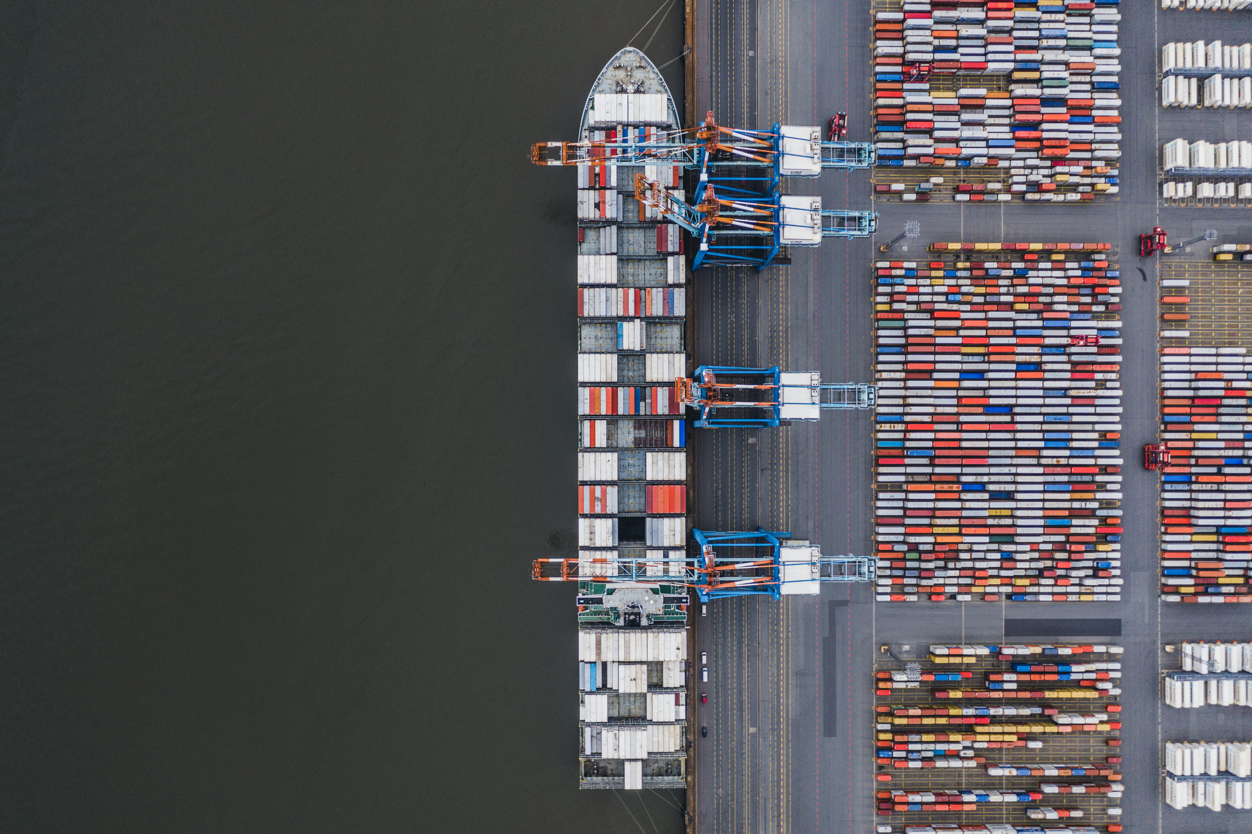 Container ship docked in port as seen from above, Germany