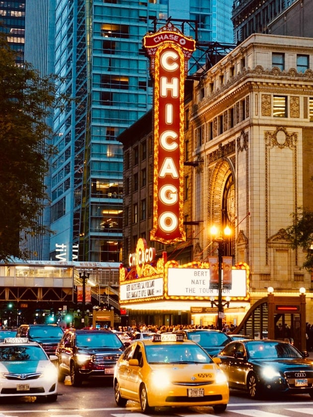 The Chicago Theatre in downtown Chicago, Illinois, USA near ELS Language Centers.