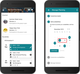 Screens from the Families_Share mobile application: left, the groups and activity screen with information on the childcare activities organized within each group; and, right, the advanced planning functionality that support parents in finding optimal scheduling solutions for the activities