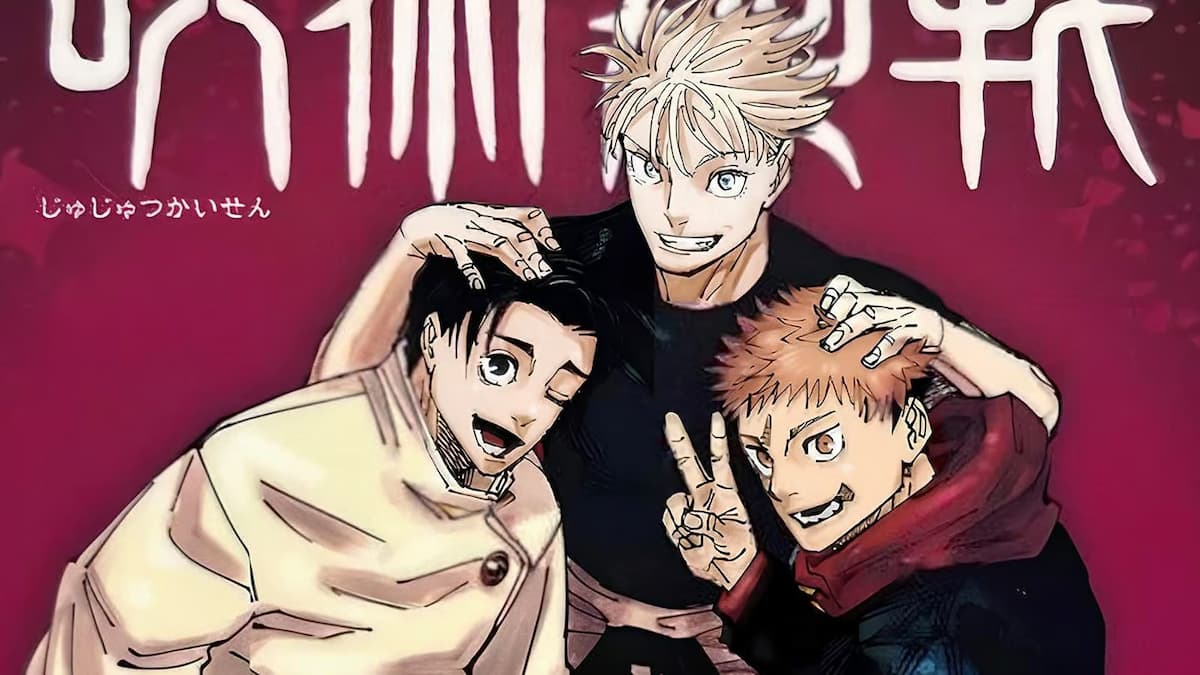 Gojo with his students Yuta and Yuji on an illustrated cover of Jujutsu Kaisen