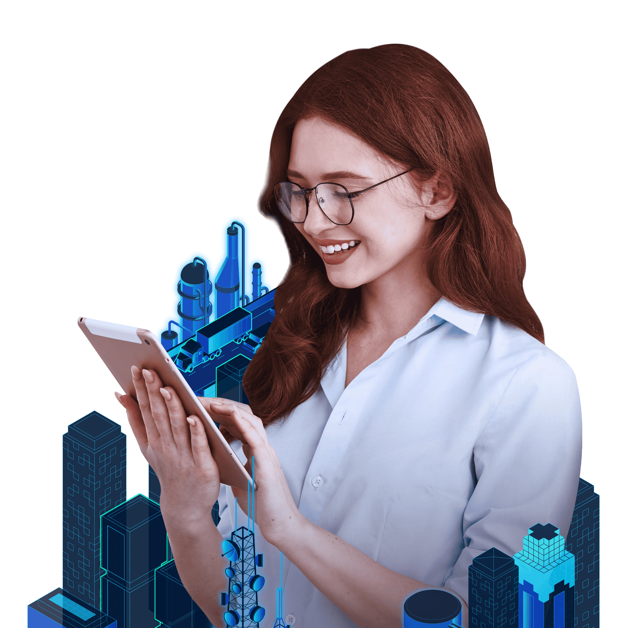 User with long auburn hair and glasses looks at a tablet, portions of a blue 3d model city in the background