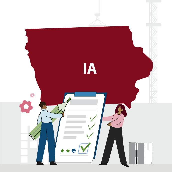 A graphic showing the state of Iowa, with two people next to a form and holding a clipboard.