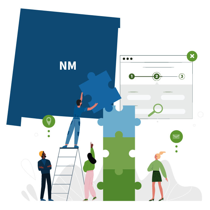 Graphic of the state of New Mexico, an application, and people putting together puzzle pieces.