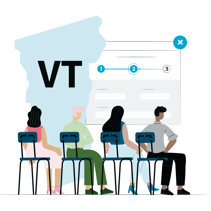 Four people sitting in chairs with the state of Vermont and an application screen in the background