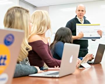 Professor at table with students