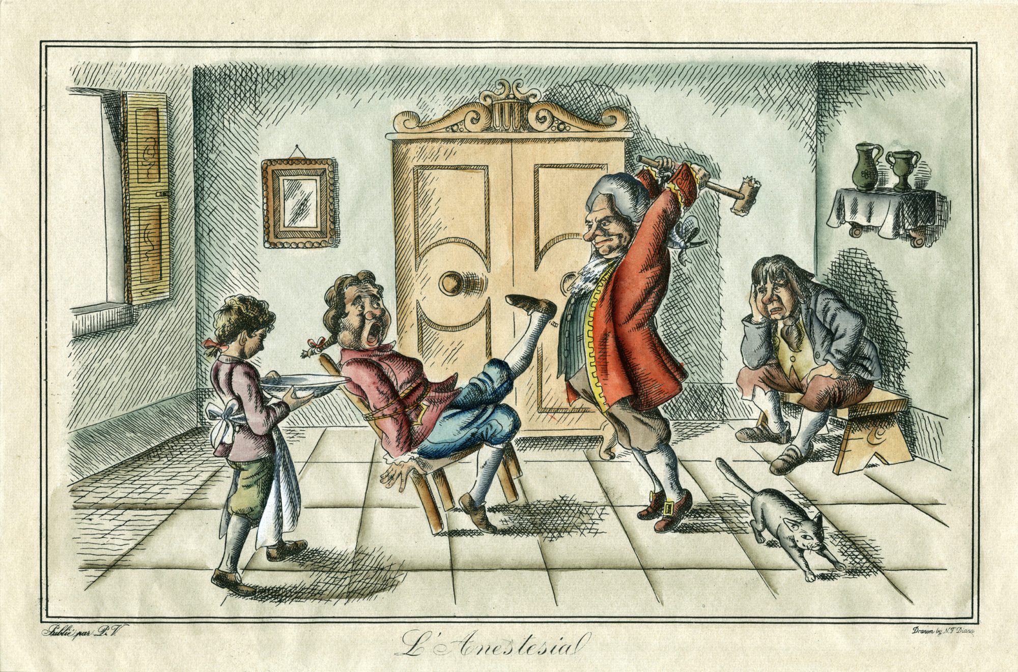 A cartoon of a man about to hit another man with a hammer