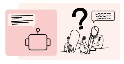 A deep pink box shows the outline of a robot's head with a dialogue box above it, while a lighter pink box contains a drawing of two people talking with a question mark above their heads.