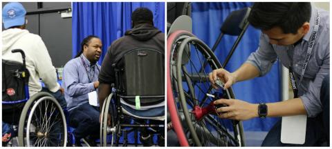 2 side by side photos of an HCII PostDoc and PhD student with the SpokeSense prototype at the NWBA basketball tournament