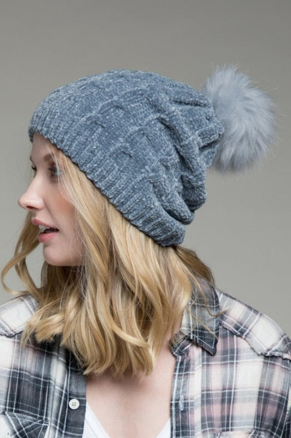 Beanie Winter Chenille Denim-hotRAGS.com