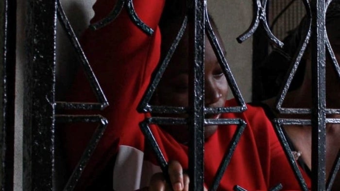 A person wearing a red shirt poses for a photo behind a gate