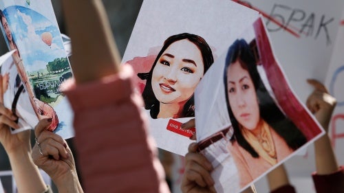 A rally in front of Kyrgyzstan's interior ministry demanding for the resignation of its leadership after the murder of kidnapped bride Aizada Kanatbekova amid alleged lack of action by the police, in Bishkek, Kyrgyzstan April 8, 2021.