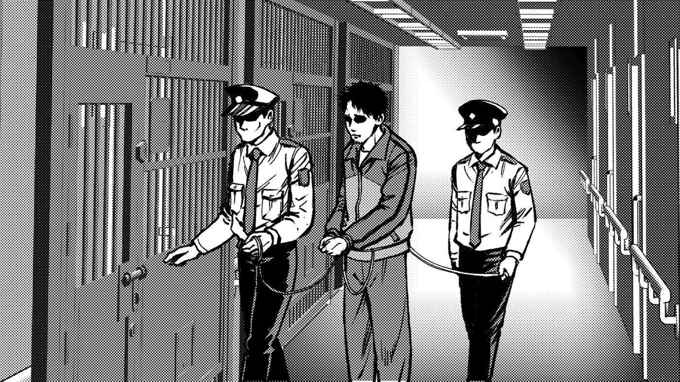 Manga illustration of a man in handcuffs being led into a prison cell by two guards