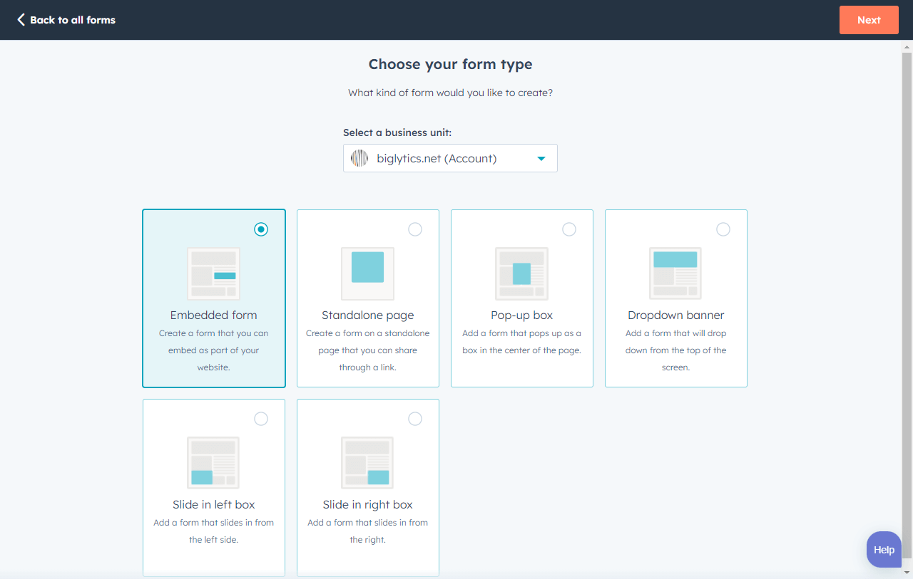 HubSpot forms tool showing various form types