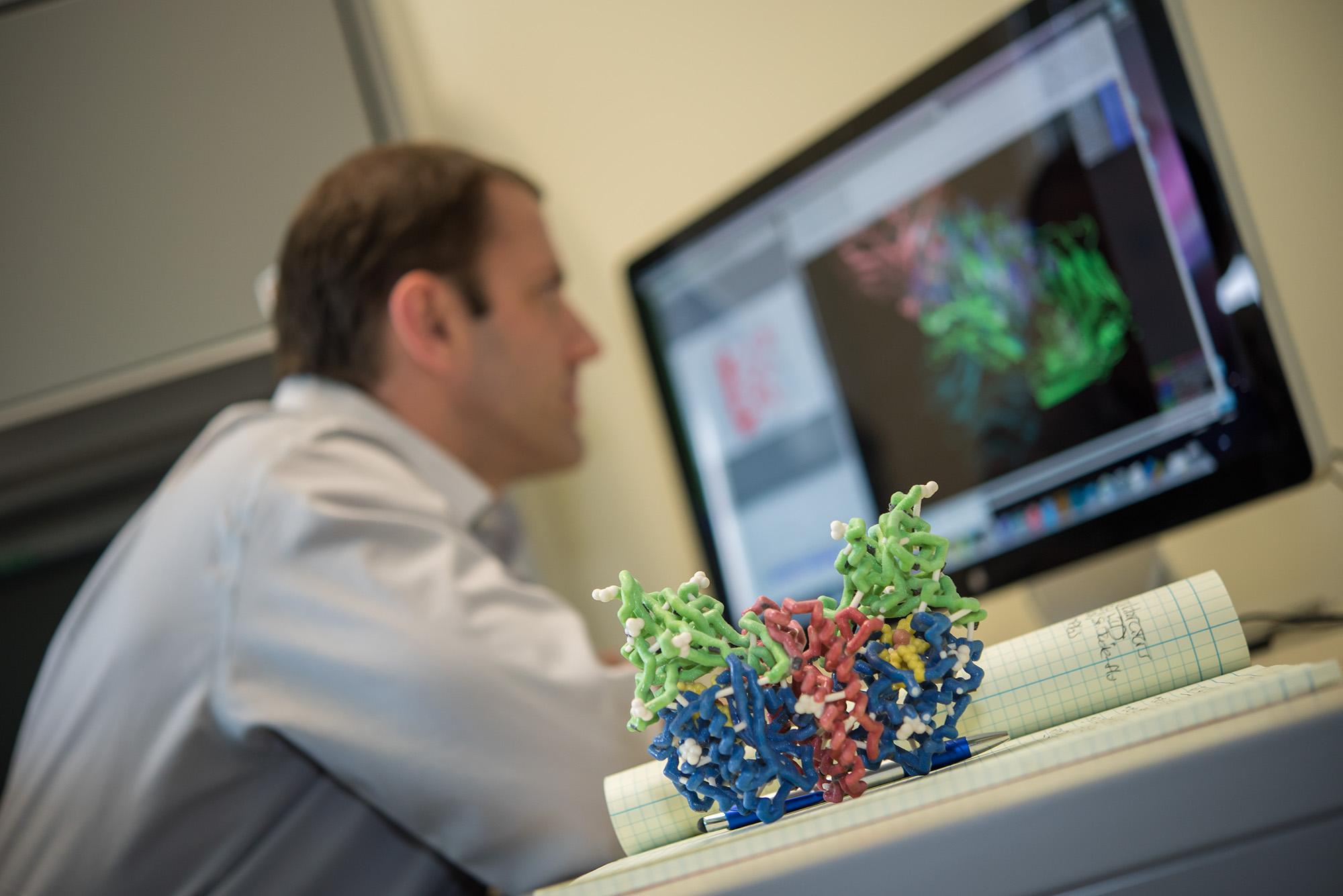 Dr. Brian Pierce analyzing data with a figure of prostate-specific membrane antigen (PSMA) on his desk