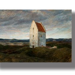 landscape with skagen's old church. gothic scenery wall hanging. danish painting artwork. nordic landscape print 853.