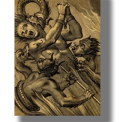 torment of sinner in hell. creepy illustration. macabre decor. religious reproduction. fantastic monsters gift. 816.