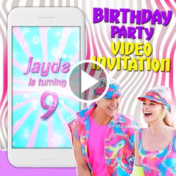 barbie movie video invitation, girly birthday party animated invite, dolls mobile digital custom video evite, e invite