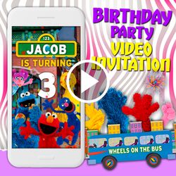 wheels on bus video invitation, 1th birthday party animated invite, sesame street mobile digital video, e invitation