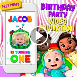 cocomelon video invitation, kids 1th birthday party animated invite, baby mobile digital custom video evite, e invite