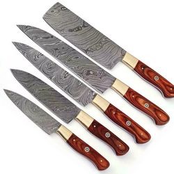 kitchen knives set handmade damascus steel with wood and brass bolsters handle