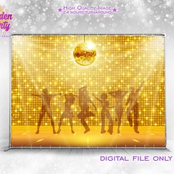 disco party backdrop, dance birthday background, gold glitter banner