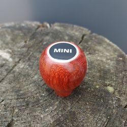 mini cooper red wooden custom shift knob with logo and resin. gear shifter as a gift accessory for a car lover