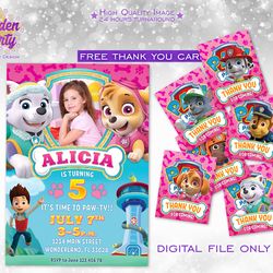 paw patrol girl invitation, paw patrol pink invite, paw patrol card with photo, paw patrol birthday