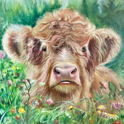 cute cow painting, original oil painting, brown cow artwork, cow wall art, animal paintings, calf wall art, 16 by 16 in