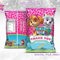 paw patrol pink chips bag, paw patrol candy bag, paw patrol chips pouch, paw patrol birthday, instant download