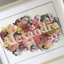 original quilled name in floral design - wall art for nursery  - quilling paper typography  - unique decor